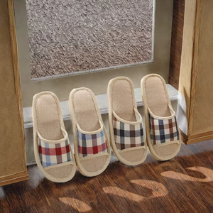 Zapatillas de mujer con punta abierta, antideslizantes, para interiores, con diseño a cuadros, de alta calidad, de algodón, para hombre. - Product Image 2