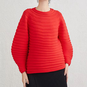 Chemise à manches trois quarts pour femme, col rond, décontractée, ample, en polyester 100% écologique, design tendance, plissée texturée, PY - Product Image 1