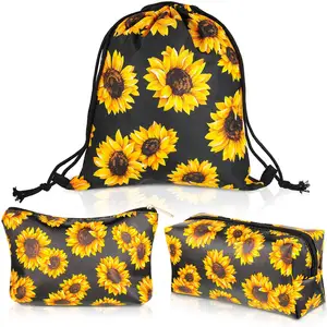 3 Pieces Sunflower Drawstring Backpack, Sunflower Makeup Bag 3D Print Sunflower Travel Cosmetic Case Portable Multifunctional