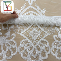 Tissu en dentelle blanche perlée, dentelle française, tissu brodé de perles et de sequins pour robe de bal et robe de mariée - Grande Vente
