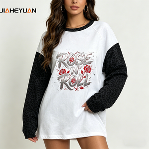 T-shirt Y2K décontracté <span class=keywords><strong>en</strong></span> coton épais imprimé léopard, color block, manches longues, style streetwear rock, effet délavé - Product Image 1
