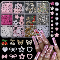 Ensemble d'accessoires pour ongles DIY en alliage, 12 grilles, avec strass en cristal rose, perles, fleurs, nœuds, cerises et papillons