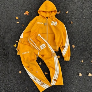 Ensemble de survêtement pour homme avec logo brodé personnalisé, lavage à l'acide, streetwear, sweat-shirt et pantalon de survêtement délavés - Product Image 1