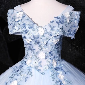 Off-Shoulder Ball Gown Sky Blue Tulle Empire Waist Floral Print Evening Dress For Stage Performance Hostess - Product Image 4