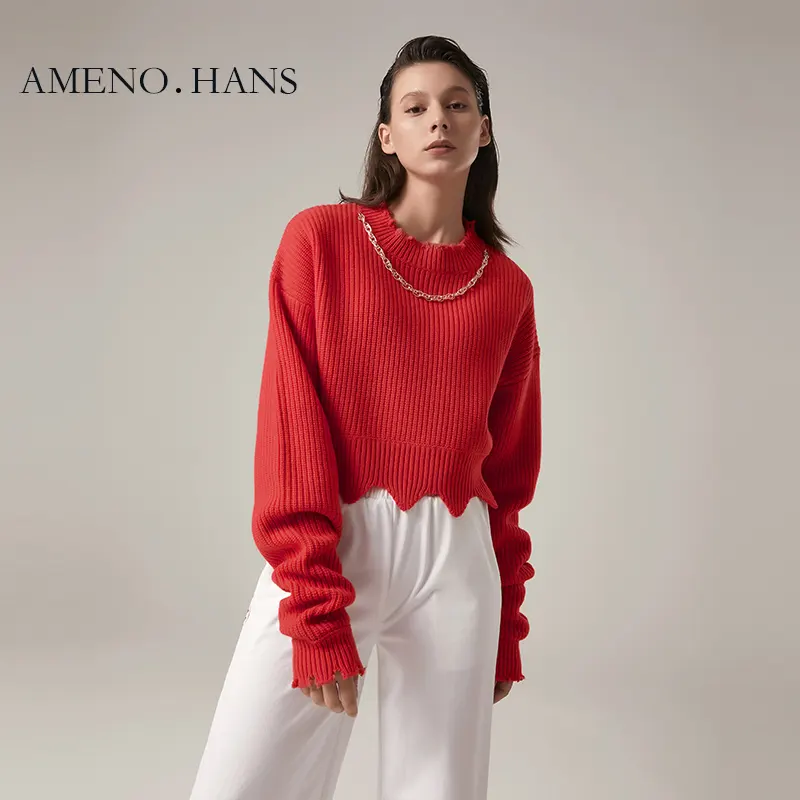 Jersey moderno de alta calidad, suéteres de lana cortos tejidos, decoración de cadena para mujer
