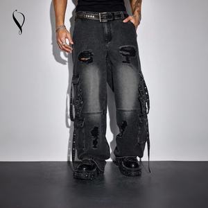 맞춤형 헤비 크래프트 남성 디스트레스드 카고 진 OEM ODM 빈티지 워시드 블랙 데님 하이 스트리트 리벳 스트리트웨어 저 MOQ - Product Image 1