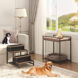 Cama Elevada para Mascotas de Madera Maciza Personalizada con Escaleras Extraíbles, 2 Cajones, Ventana, Marco Metálico Resistente, Cama para Perros y Gatos con Cojín Suave - Product Image 6