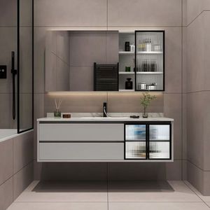 New modern smart bathroom <b>vanity</b> | solid wood washbasin cabinet with anti-fog <b>LED</b> mirror wall-mounted - Product Image 1