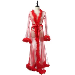 Women Faux Fur See-Through Mesh Lace Long Sleeve Maxi Sleepwear Dress Underwear appeal Fashion Lace Silk Robes