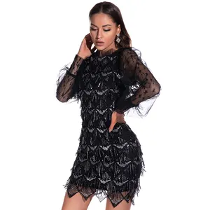 Black sequins tassel long sleeve embroidered mesh new fashion party evening women dresses