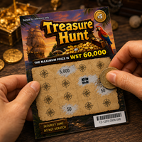 Fabrication de billets de loterie à gratter couleur pleine, avec conception de jeu unique gratuite, taille et matériau personnalisés, données variables sécurisées