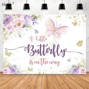 Fondo con forma de mariposa para Baby Shower, telón de 5x3 pies con diseño de mariposa pequeña, color morado y Rosa, con flores doradas florales - Product Image 6