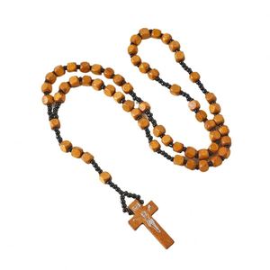 Catholic Cross Rosary Necklace 8 * 8 Square Wooden Beads Pendant Worn on the Head <b>Easter</b> Christmas <b>Ornaments</b> Wholesale - Product Image 4