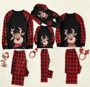 크리스마스 잠옷 크리스마스 사슴 프린트 라운드 넥 주문 격자 무늬 홈 부모-어린이 의류 가족 잠옷
