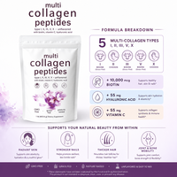 Poudre de peptides de collagène multi-types I, II, III, V, X, 10880 mg, biotine, acide hyaluronique, 453 g, complément sans saveur