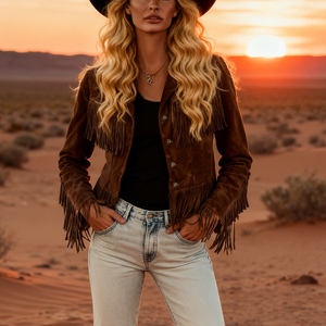 Nouvelle veste en daim à franges, couleur unie, col à revers, coupe courte et ajustée, manteau pour femme, Sehe Fashion - Product Image 2