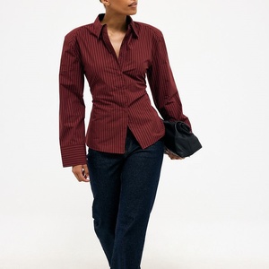 Women <b>Burgundy</b> Pinstripe Fitted Shirt Collar Long Sleeve Back Tie Waist Office Blouse Custom <b>Top</b> - Product Image 2