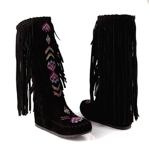Botas Bordadas com Franjas em Veludo Fosco, Cano Alto e Salto Baixo, Botas de Lazer para Mulheres - Product Image 3
