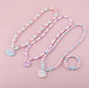 Оптовая продажа, детское ожерелье с кулоном в виде жемчужной ракушки, акриловое пластиковое ожерелье с бусинами, браслет для девочек, подарок для детей