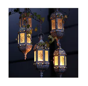 BESTSUN hanging iron lantern with embossed glass decorative farmhouse European Moroccan metal candle holders for scented candle