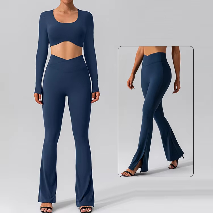 Wholesale Solid Breathable Eco-Friendly 2-Piece High Waist Long Sleeve Yoga Pants Workout Sets for Women