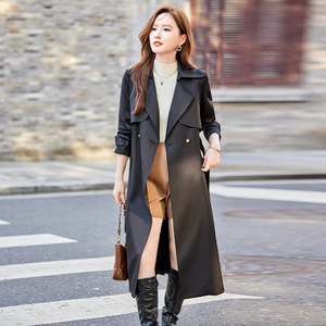 Khaki Mid Length Trench Coat Women Autumn 2024 Solid Color Polyester Woven <b>Overcoat</b> Elegant British Style - Product Image 2