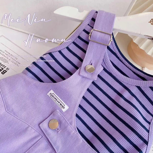 Été 2024 nouvelle fille rayé à manches courtes <span class=keywords><strong>violet</strong></span> salopette <span class=keywords><strong>pantalon</strong></span> de loisirs ensemble deux pièces - Product Image 2