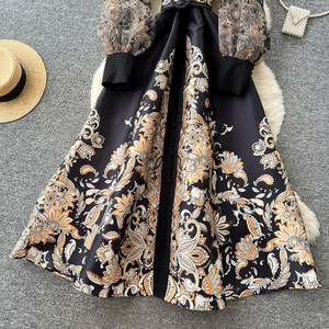 Винтажное платье с цветочным принтом, рукавами-фонариками, воротником-стойкой, летнее, с высокой талией, А-силуэта, элегантное облегающее платье для женщин - Product Image 6