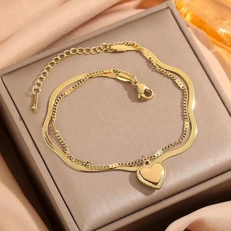 Koreanische Mode doppelschichtige Schlangenkette Boho-Knöchel-Armband 18k Gold vergoldet Herz-Liebes-Shirms Edelstahl-Knöchel für Damen