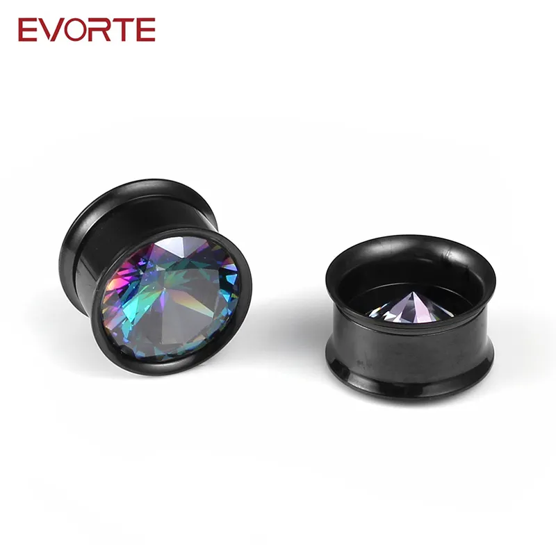 Evorte Factory Direct Noir Or Verre Zircons CZ Oreille Jauges Plug Tunnels Cubique Zircone Civière Cristal Boucles D'oreilles Pour Les Femmes