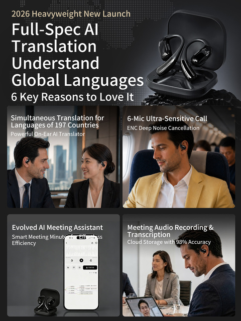 Smart AI Real-Time Language Translator Earbuds: Wireless Open-Ear Interpretation Headset for Face-to-Face Translation
