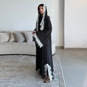 <strong>Fashion</strong> Elegant Dubai <strong>Abaya</strong> Women Muslim Dress Polka Dots Printed Kimono Open <strong>Abaya</strong> Hijab Set Modest Cardigan Robe with Lace - Product Image 2
