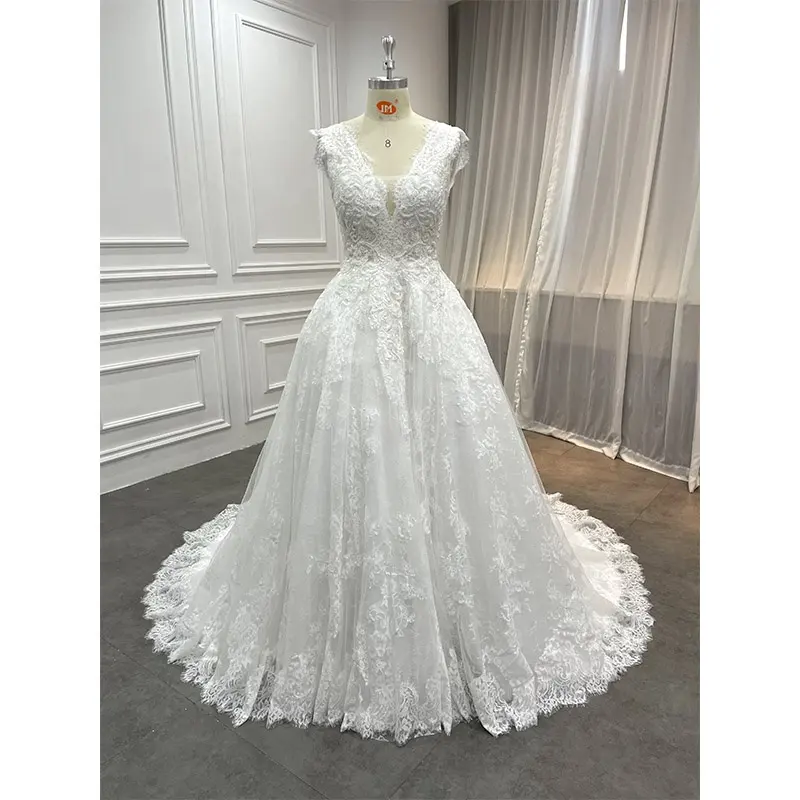 Bất động cổ điển sang trọng ren Wedding Ball Gown thanh lịch Bridal dân sự đính cườm ngà vestidos de novia tùy chỉnh cô gái Wedding Gown mộc mạc
