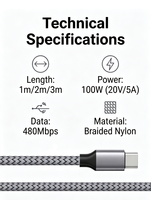 Câble de données USB-C vers Type-C en nylon, charge rapide 60W 2A pour téléphone mobile IOS et écouteurs