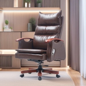 Ergonomic Office <b>Chair</b> Solid Wood Leather Swivel Reclining Boss <b>Chair</b> For Home Office <b>Study</b> Room - Product Image 1