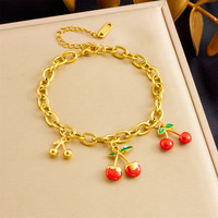 Bracelet à breloques fruits en acier inoxydable plaqué or, avec pendentifs fraise, cerise, piment et cœur, bijou à porter au quotidien