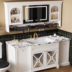 Mobile <span class=keywords><strong>Bagno</strong></span> Moderno in Stile Francese, Lavabo Personalizzabile, Armadietto con Specchio in Legno Massello e Specchio Intelligente - Product Image 2