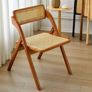 Silla Plegable de Ratán de Estilo Moderno con Respaldo de Madera Maciza, Taburete Sencillo para el Hogar, para Sala de Estar o Mesa de Comedor L094 - Product Image 1