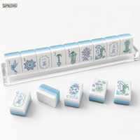 Tuiles de Mahjong américaines en acrylique bleu ciel dégradé, motif minimaliste de plante de lotus orientale, jeu de table
