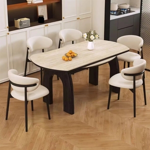 Nuovo Set Tavolo da Pranzo in Legno Massello Stile Francese Mid-Century 2026, Allungabile da Rotondo a Quadrato, Multifunzionale con Piano in <span class=keywords><strong>Lastra</strong></span> di <span class=keywords><strong>Marmo</strong></span> - Product Image 1
