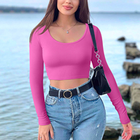 Top Corto de Yoga para Mujer, Cuello Redondo, Manga Larga, Ajuste Delgado, Alta Elasticidad, Sin Costuras, Gran Venta