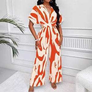 Tuta Intera <span class=keywords><strong>Elegante</strong></span> da Donna con Scollo a V, Stampa All-Over, Maniche a Pipistrello, Gamba Larga, Vestibilità Ampia, Estiva/Primaverile, Colore Arancione, Super Morbida - Product Image 1