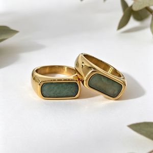 yunnique Geometric Square <b>Ring</b> 18K Gold Plated <b>Titanium</b> Steel Imitation Jade Bezel Setting Unisex Fashion Jewelry Gift - Product Image 2