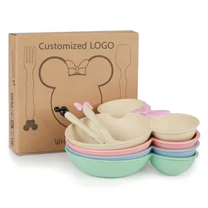 Cartoon Kleuterschool Leuke Kom Kinderen Servies Set 3Pcs Biologisch Afbreekbare Tarwe Stro Fiber Baby Eerste Voeden Gerechten Plaat