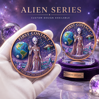 Pièce de monnaie Alien Visitor en cuivre fin 999 de 1 oz, en relief 3D, avec finition UV effet proof, objet de collection d'art extraterrestre en métal