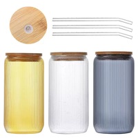 Tasse en verre borosilicate à motifs verticaux, style nordique haut de gamme, pour thé au lait et café, avec paille, grande capacité