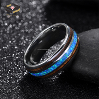 Alliance de mariage en carbure de tungstène noir argenté de 8 mm, sertissage invisible, incrustation en bois de koa, opale bleue, tendance, bagues de fiançailles pour hommes et femmes