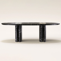 Table à manger en marbre Dream Home, plateau en forme de capsule, base à double colonne fusionnée, double incrustation ovale, pierre veinée noire, mobilier de salle à manger