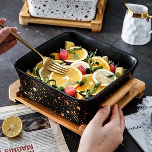Nordic Modern <b>square</b> Marble Stone Fruit and Vegetable Salad Wooden Frame Ceramic Storage Bowl - Product Image 4