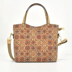 Floral Print Cork Tote Bag, Fashion Vegan Cork Leather Crossbody Bag, Ethnic Western Style Cork Handbag For Women